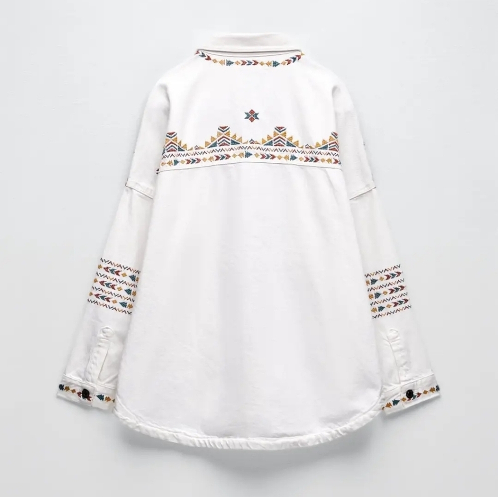 NWT Zara Southwestern Embroidered Denim Overshirt Jacket White Size Large Boho - Picture 4 of 16